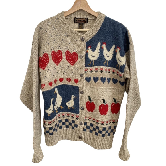 Eddie Bauer Sweaters - Eddie Bauer Vintage Country Wool Cardigan Sweater Size L Hearts Geese Apples